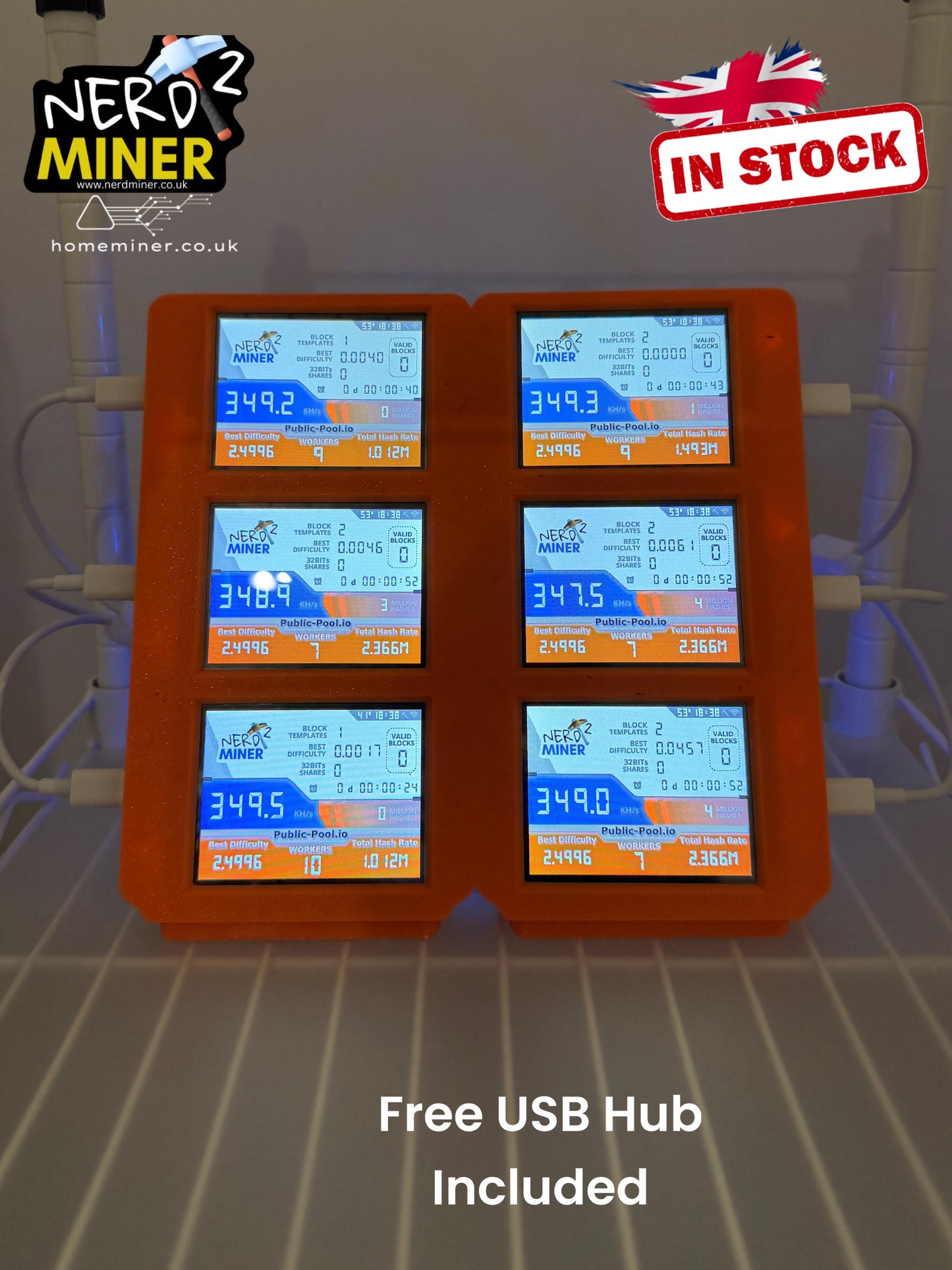 6-Unit Nerdminer V2 Mining Rig – Bitcoin Lottery – USB Hub Included - UK STOCK